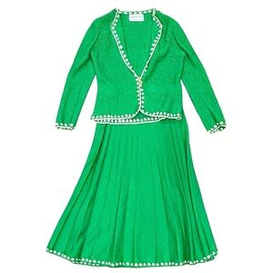 Vintage Adolfo New York Knit Skirt Suit Set Green & White | 70% Wool | Size S